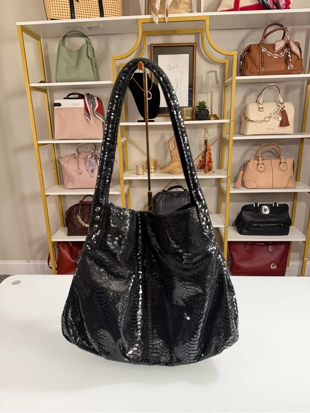 Perlina Black Snakeskin embossed patent leather Bow Shoulder Bag
